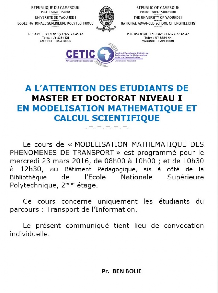 A L’ATTENTION DES ETUDIANTS DE MASTER ET DOCTORAT NIVEAU I  EN MODELISATION MATHEMATIQUE ET CALCUL SCIENTIFIQUE