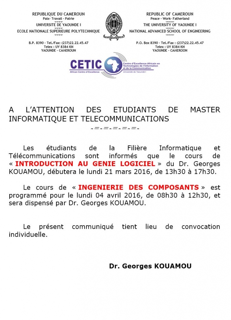 A L’ATTENTION DES ETUDIANTS DE MASTER EN INFORMATIQUE ET TELECOMMUNICATIONS