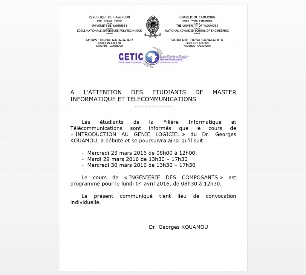 A L’ATTENTION DES ETUDIANTS DE MASTER INFORMATIQUE ET TELECOMMUNICATIONS