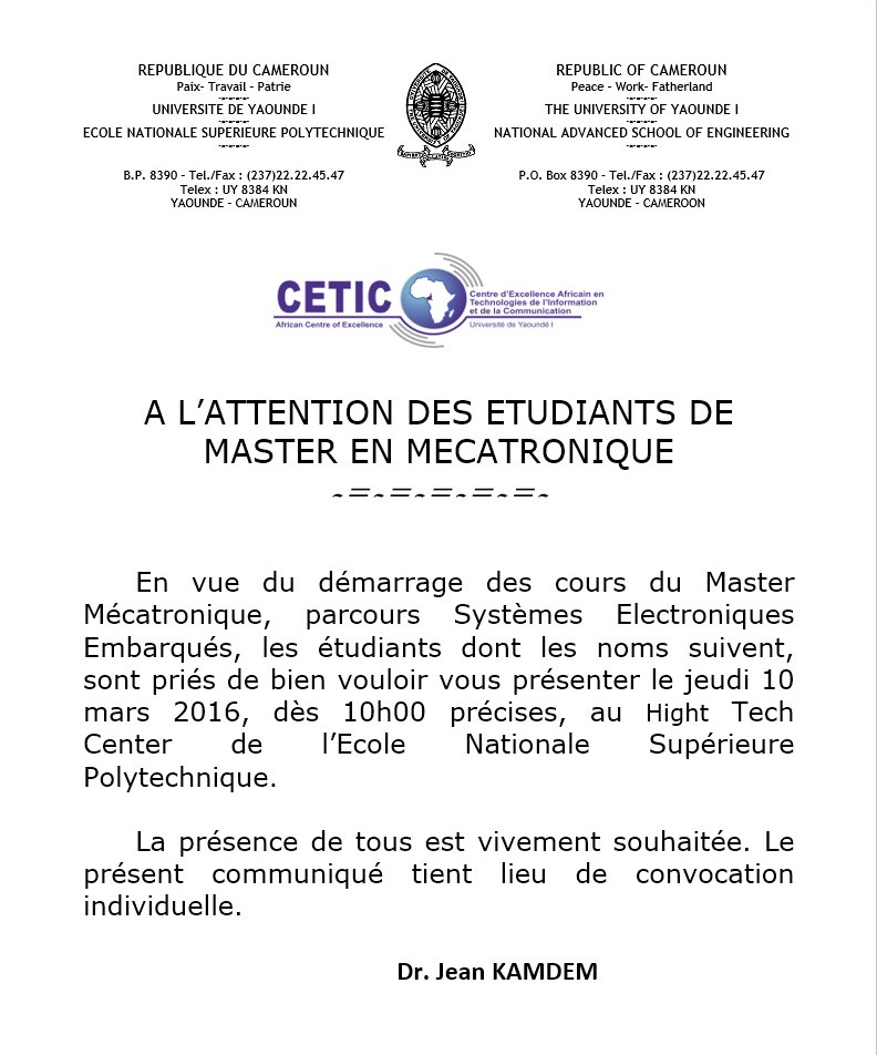 A L’ATTENTION DES ETUDIANTS DE MASTER EN MECATRONIQUE