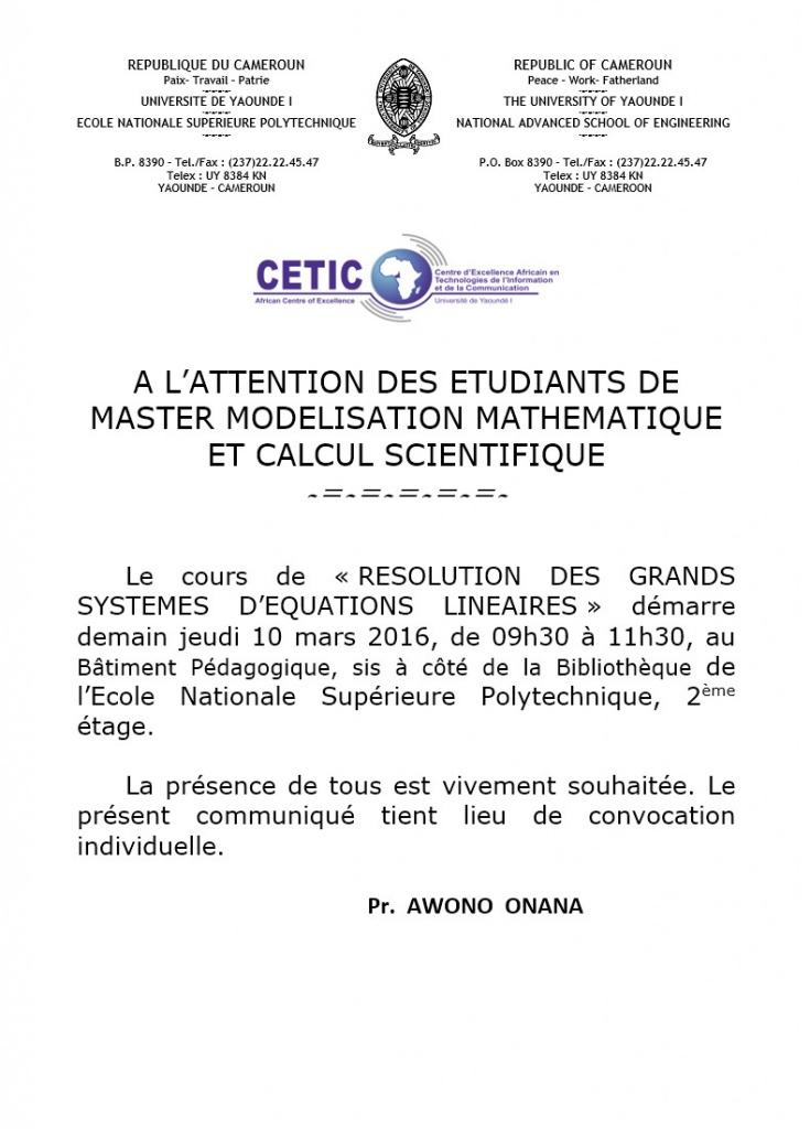 A L’ATTENTION DES ETUDIANTS DE MASTER MODELISATION MATHEMATIQUE ET CALCUL SCIENTIFIQUE