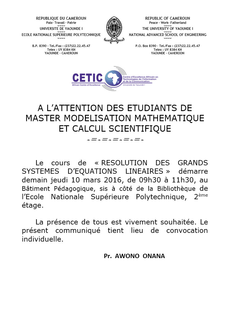 A L’ATTENTION DES ETUDIANTS DE MASTER MODELISATION MATHEMATIQUE ET CALCUL SCIENTIFIQUE