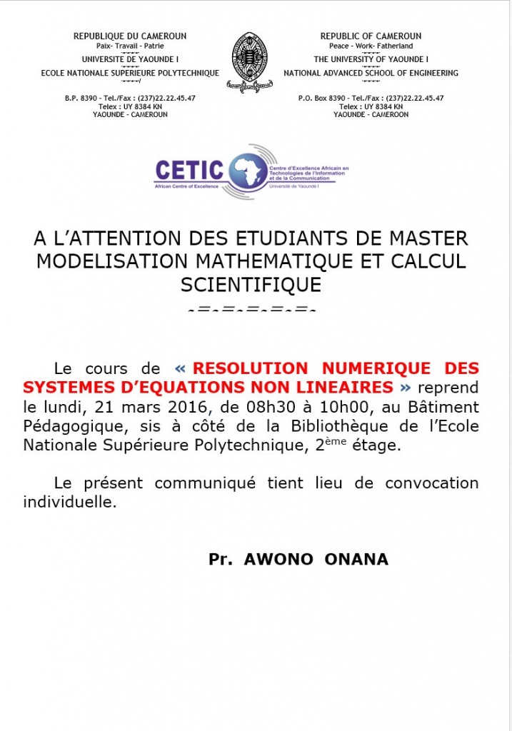 A L’ATTENTION DES ETUDIANTS DE MASTER MODELISATION MATHEMATIQUE ET CALCUL SCIENTIFIQUE