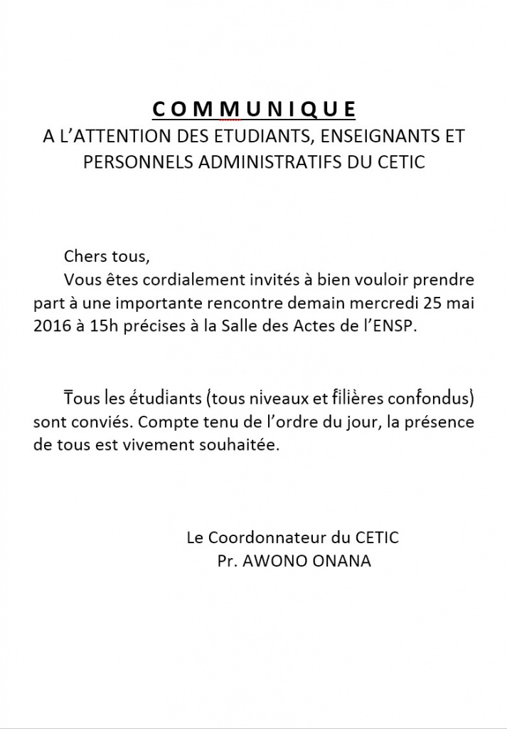 A L’ATTENTION DES ETUDIANTS, ENSEIGNANTS ET PERSONNELS ADMINISTRATIFS