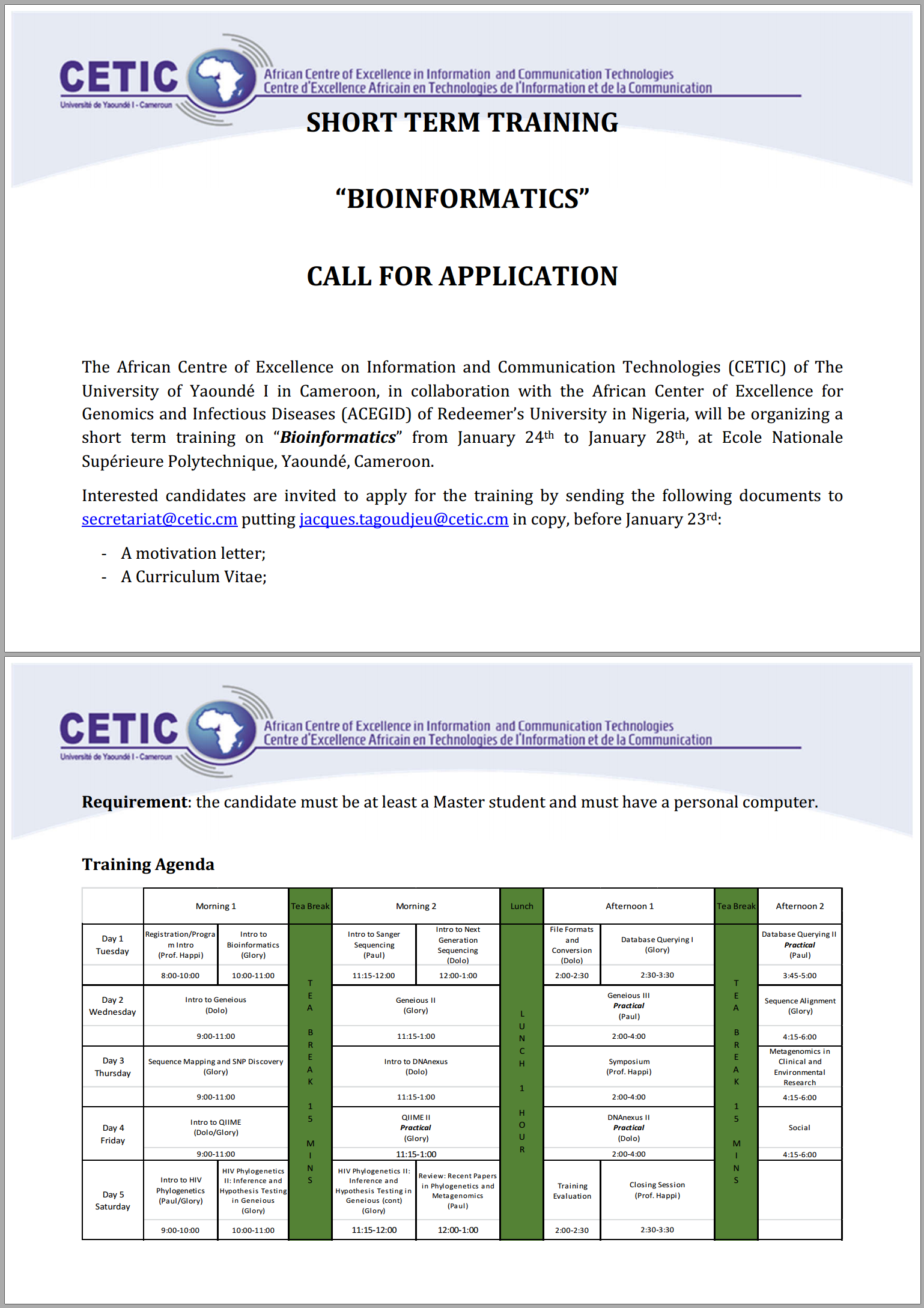 SHORT TERM TRAINING   “BIOINFORMATICS”  CALL FOR APPLICATION