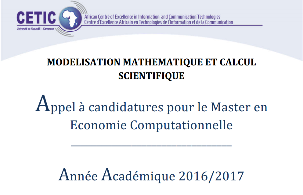 Appel à candidatures pour le Master en Economie Computationnelle 2016/2017