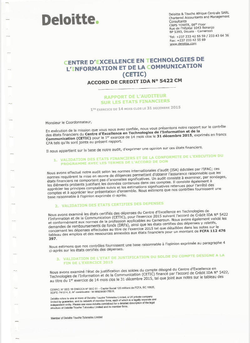 Rapport de l’auditeur sur les états financiers ( 1er Exercice de 14 mois clos le 31 Decembre 2015)