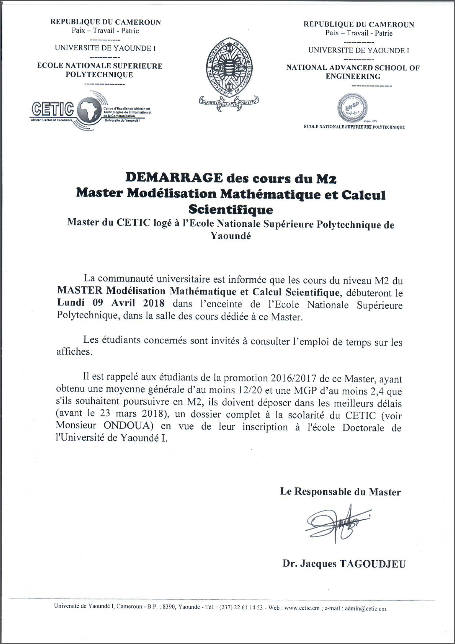 Note de Démarrage de cours Master 2 MMCS