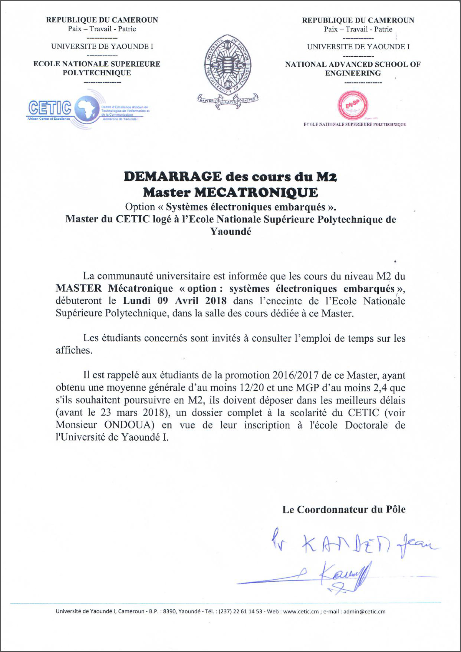 Note de Démarrage de cours Master 2 Mécatronique