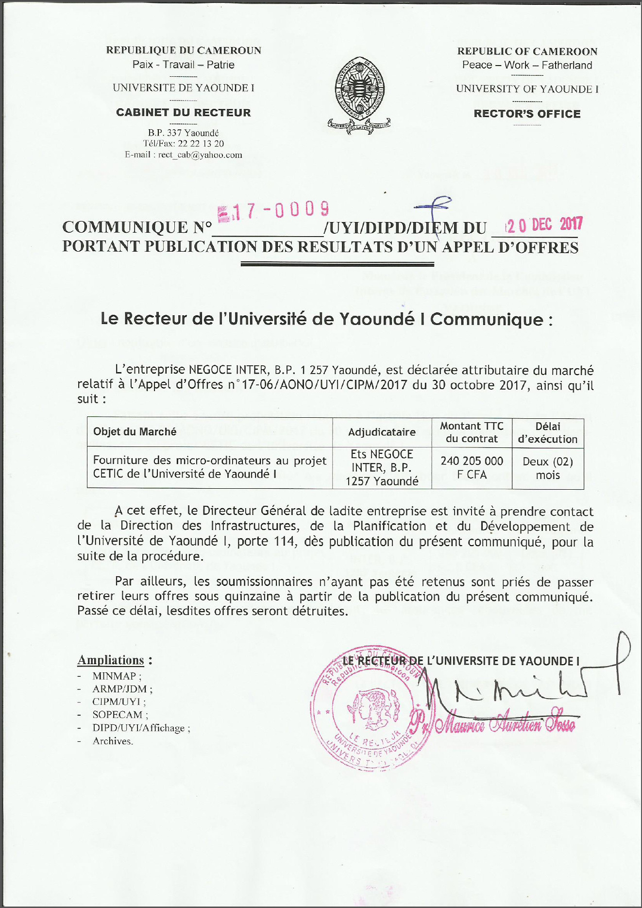 Communiqué Attribution du Marche d&rsquo;acquisition des Ordinateurs du CETIC/UY1 à  l&rsquo; Ets NEGOCE