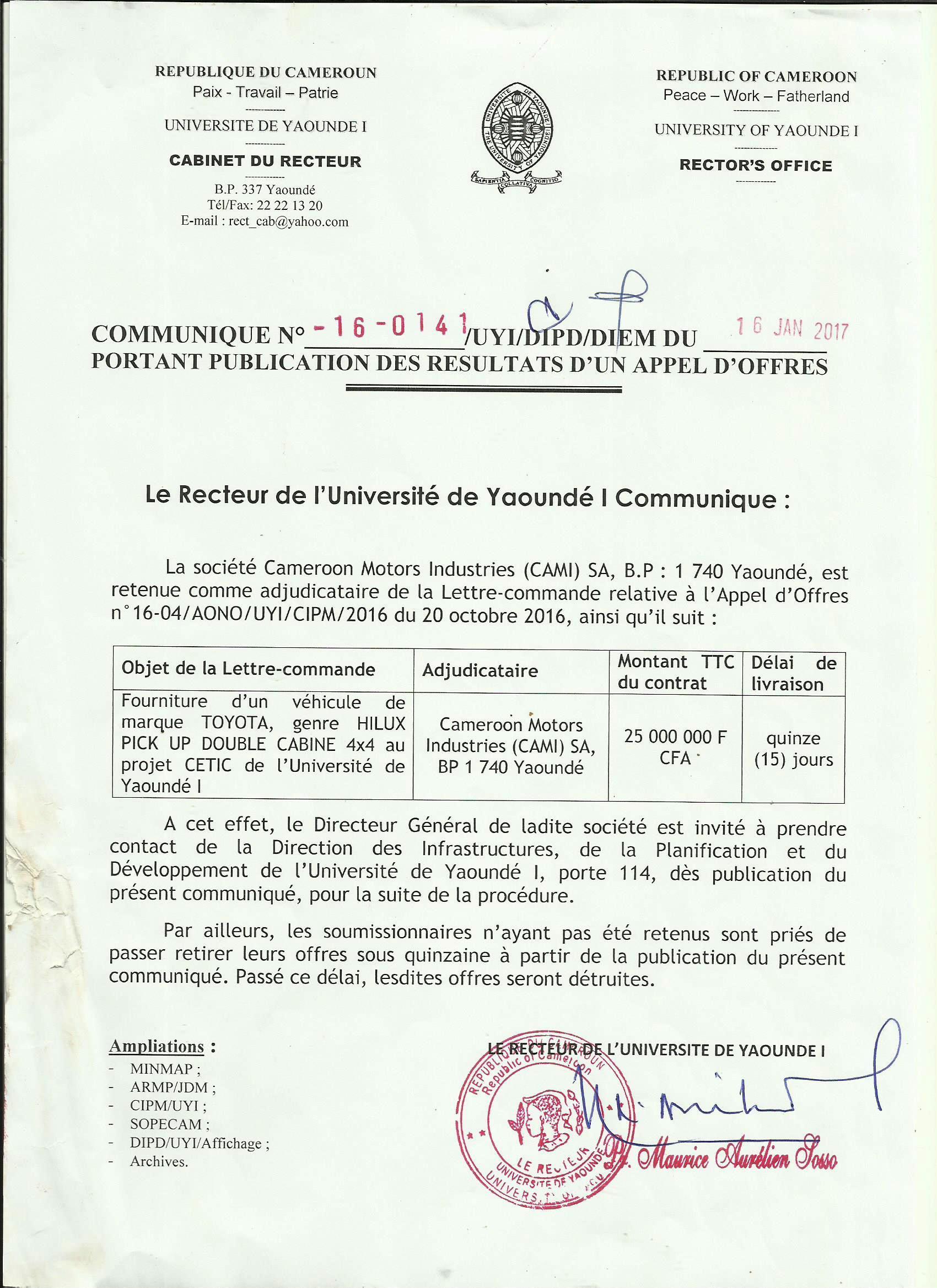 Communicating the Publication of the Results of the Call for Tenders for the Acquisition of a Pick-Up by the CETIC