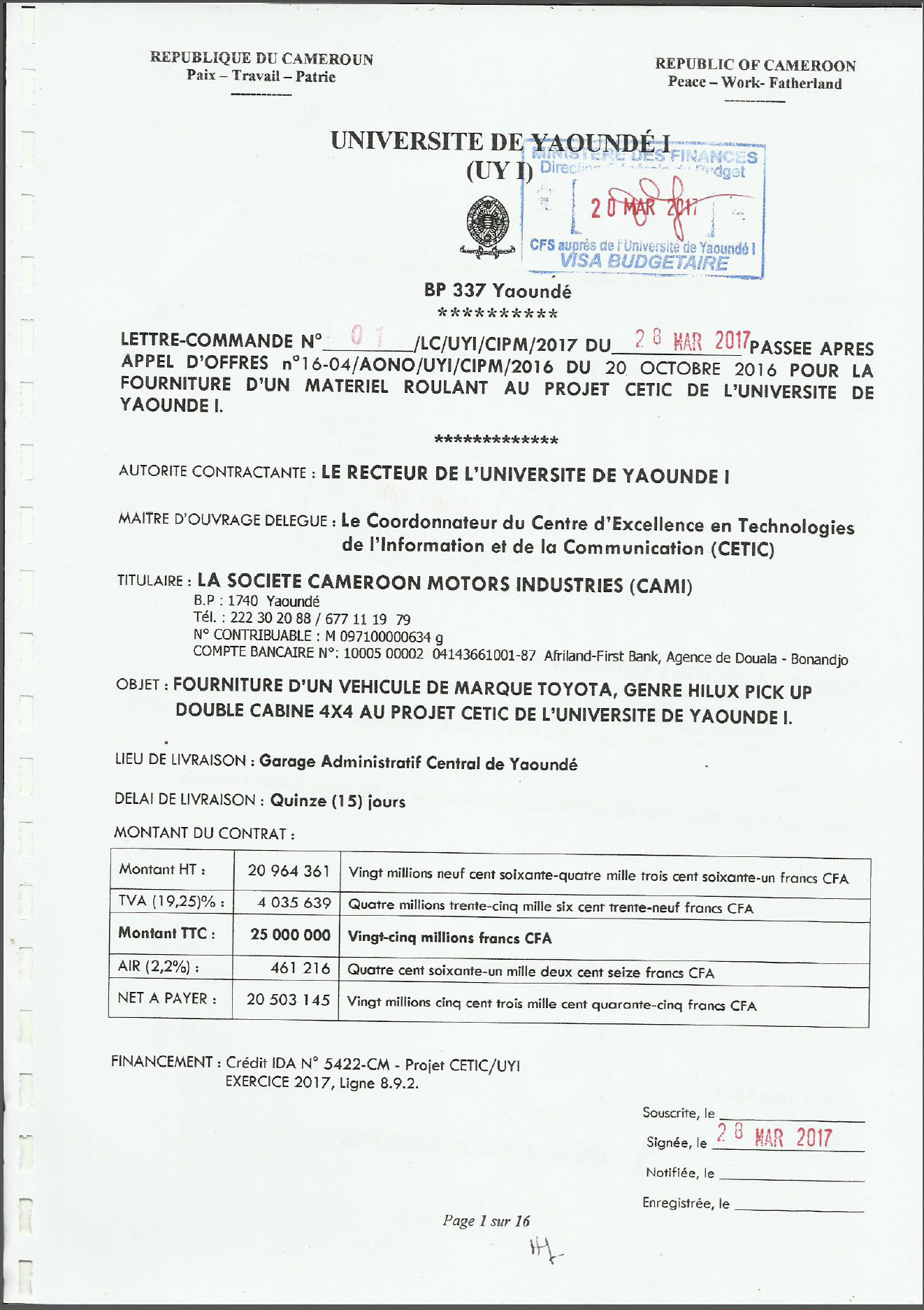 Contrat entre le CETIC et CAMI TOYOTA pour Achat du Pick Up CETIC
