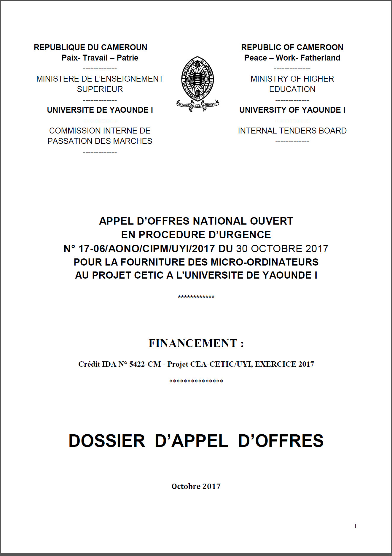 FILE TENDER OPEN NATIONAL MARKET PURCHASE OF COMPUTERS BY CETIC / UY1