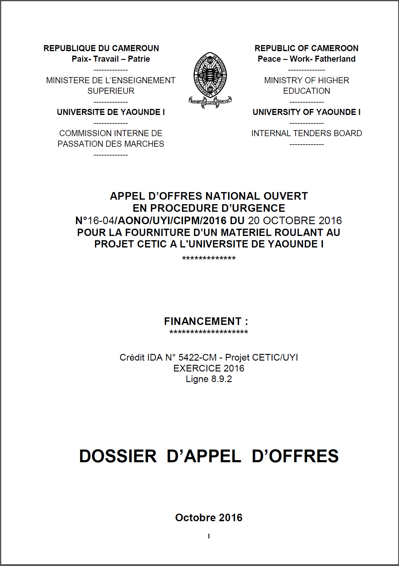 Dossier d’appel d’offre pour la fourniture d’un matériel roulant pour le CETIC
