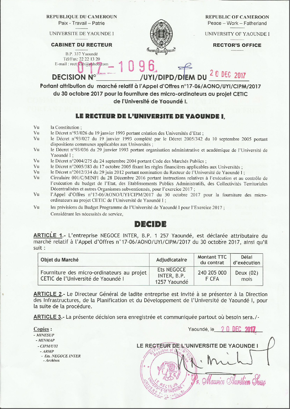 Decision Bearing Award of the contract for the delivery of Computers to Ets NEGOCE