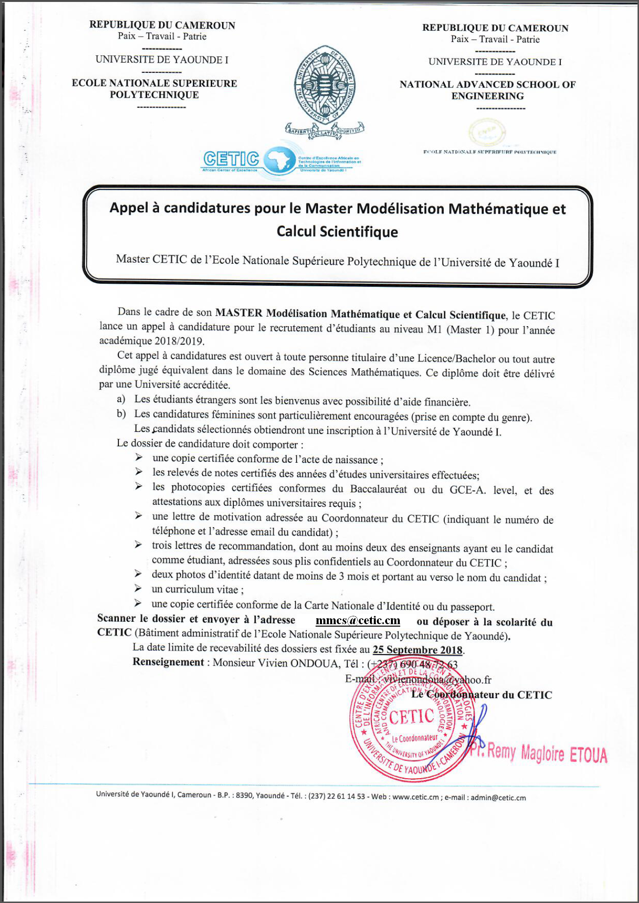 (Français) Appel à Candidature du Master en Modélisation Mathématiques et Calcul Scientifique 2018/2019 (MMCS)