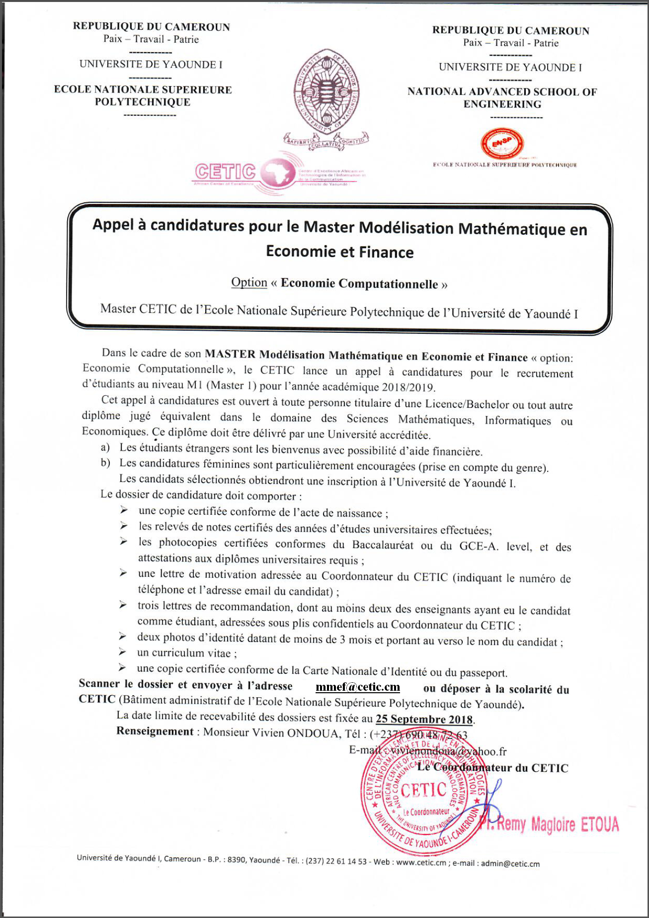 (Français) Appel à Candidature du Master en Modélisation Mathématiques en Economie et Finance 2018/2019 (MMEF)