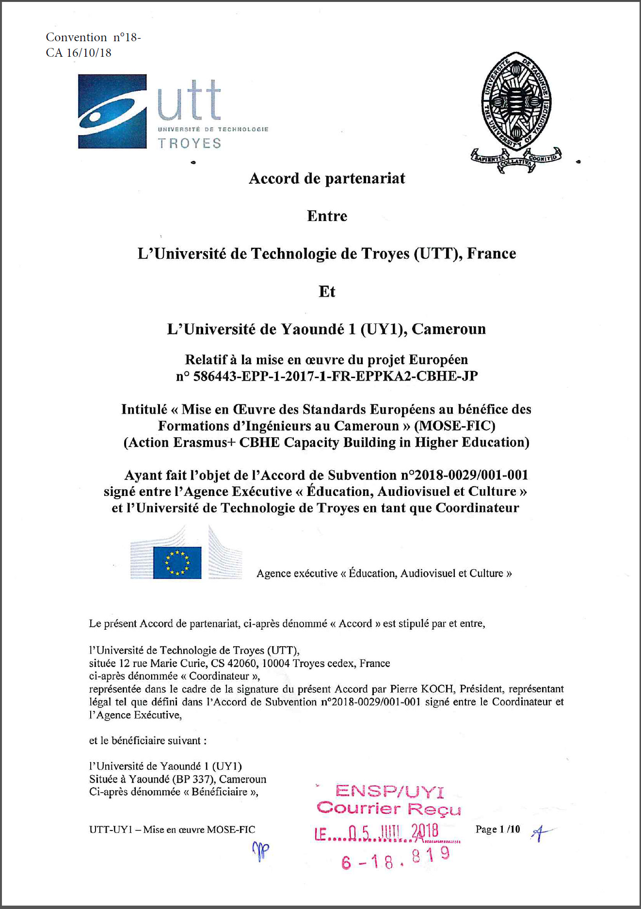 Accord de partenariat entre l’UTT et l’UY1 relatif au MOSE-FIC