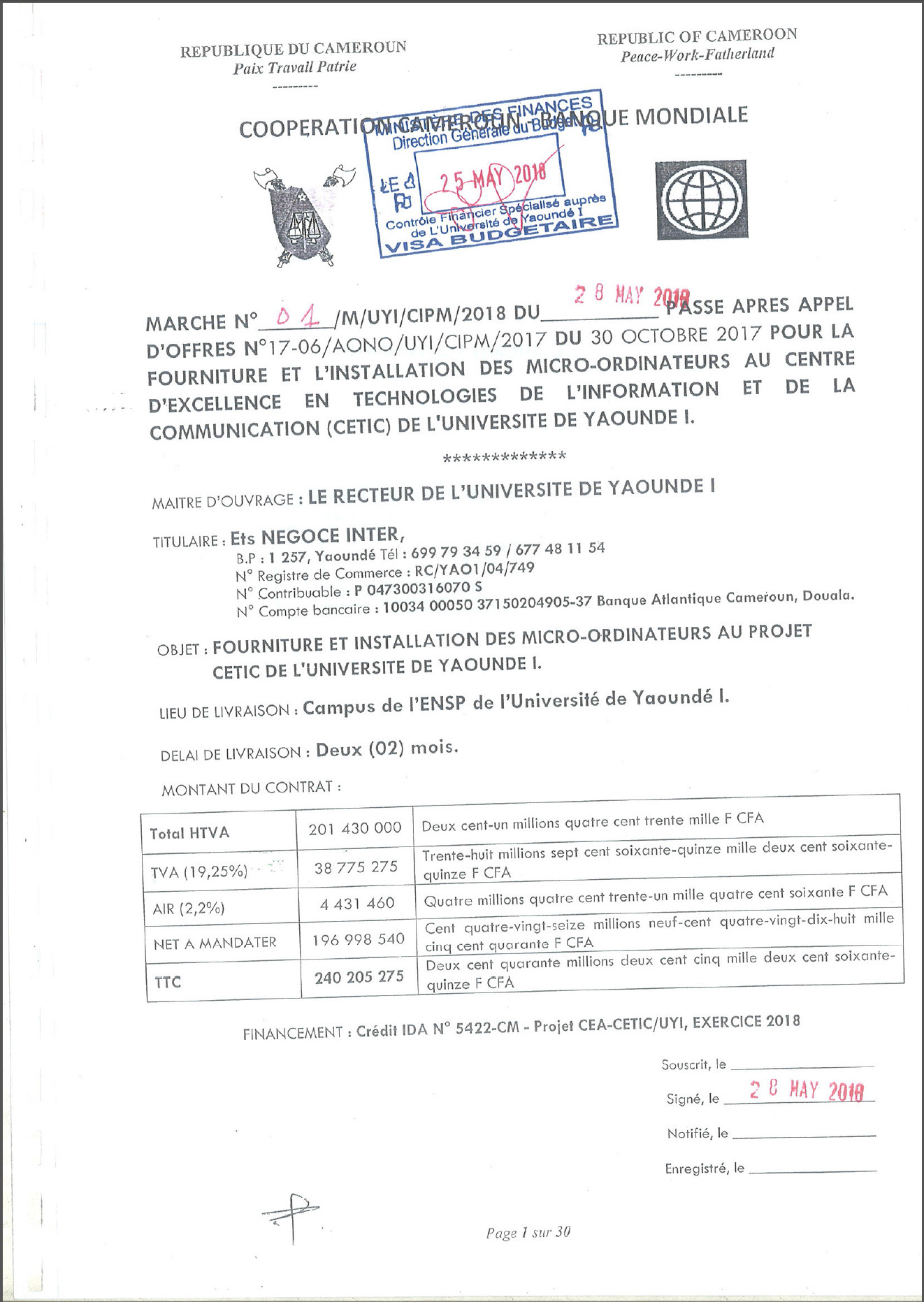 (Français) Contrat de Fourniture et Installation des Ordinateurs au Projet CETIC