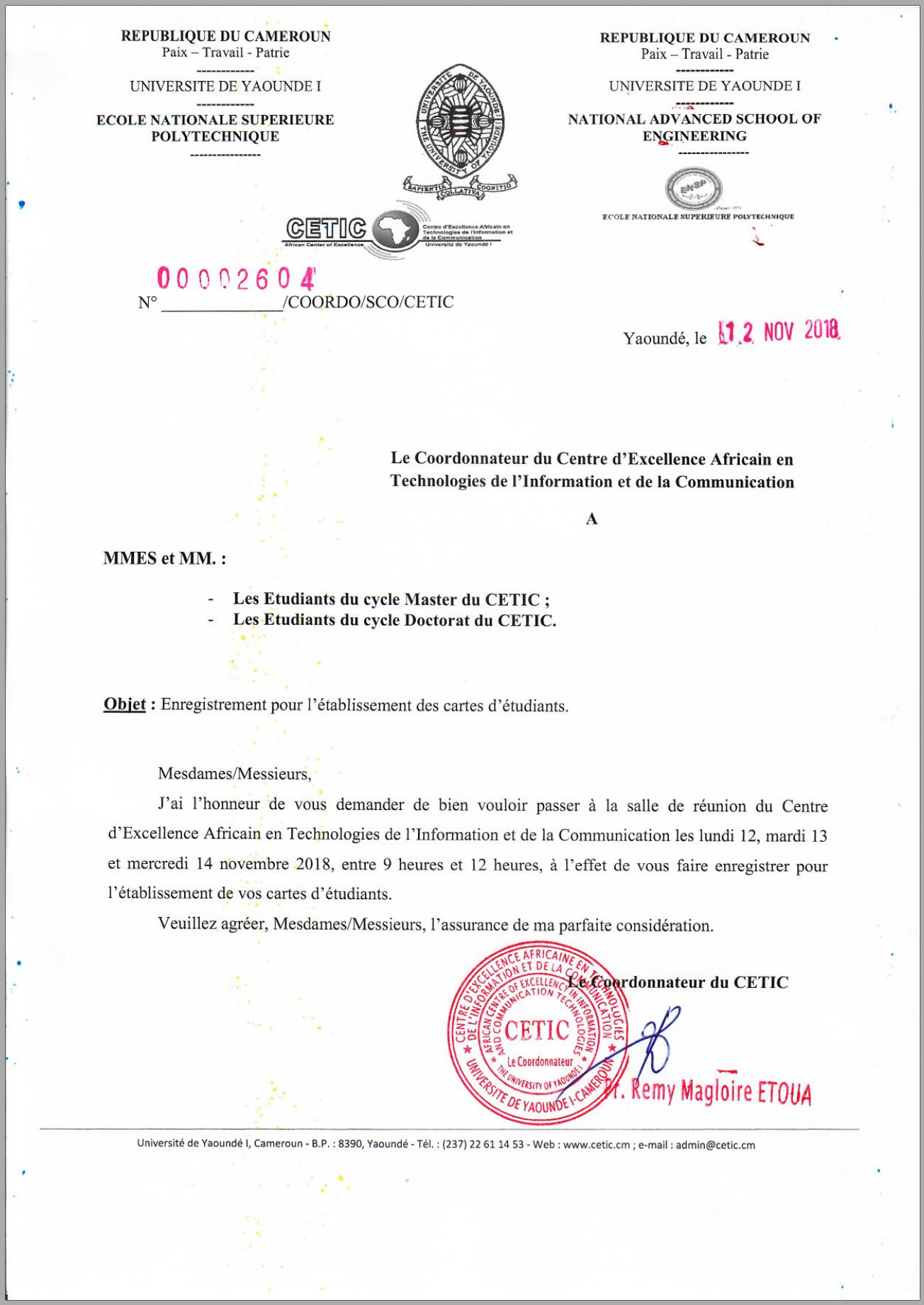 Communiqué relatif à l’enregistrement pour l’Etablissement des Cartes d’Etudiants