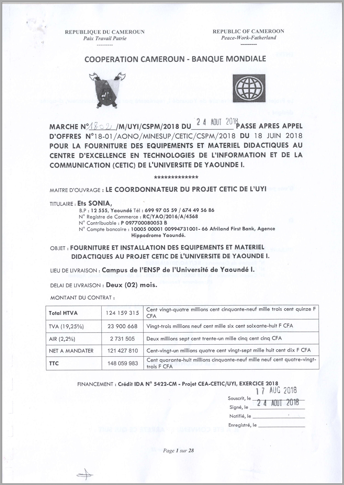 Supply Contract and Installation of Teaching Equipment and Materials at CETIC