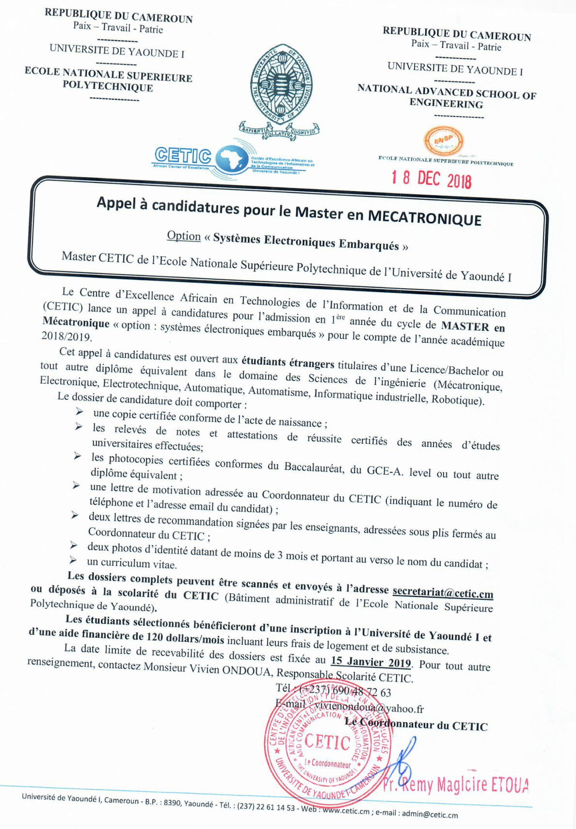 Appel a la candidature pour Master en MECATRONIQUE