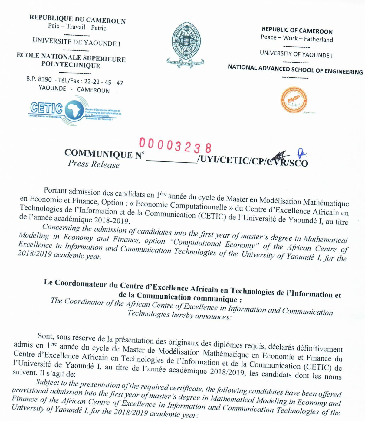 Selection Master 1 en Economie 2018-2019