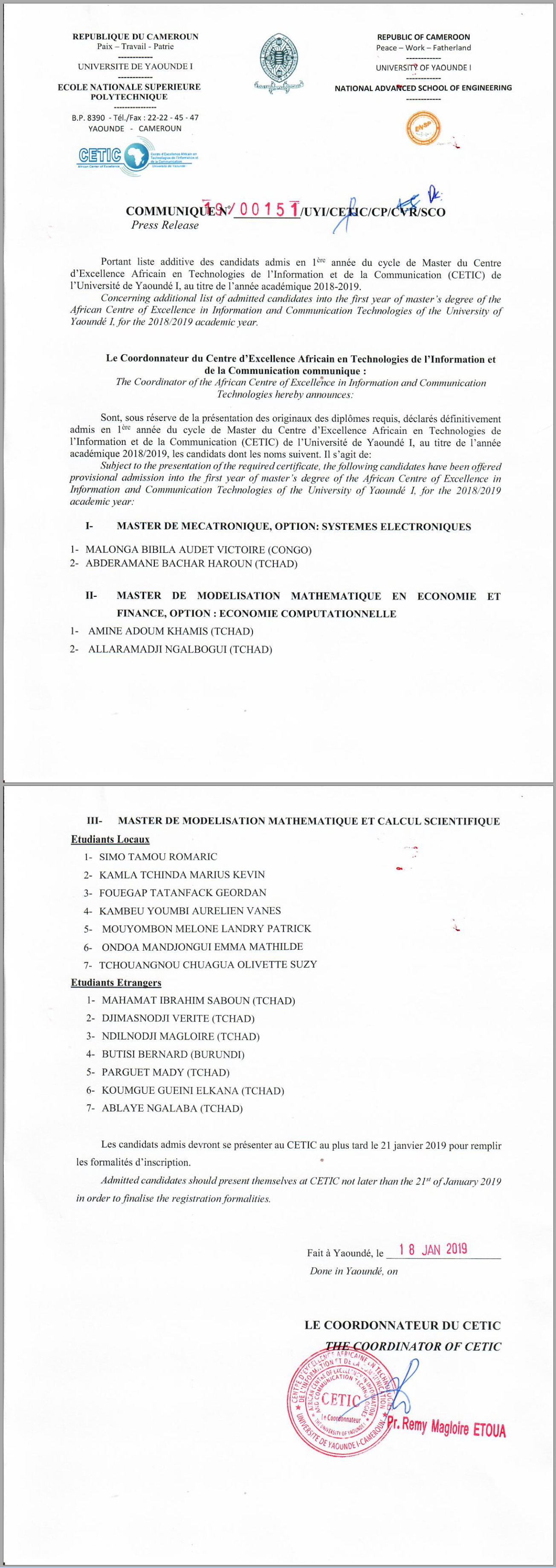 COMMUNIQUE  portant liste additive des candidats admis en 1er Année du Cycle Master du CETIC