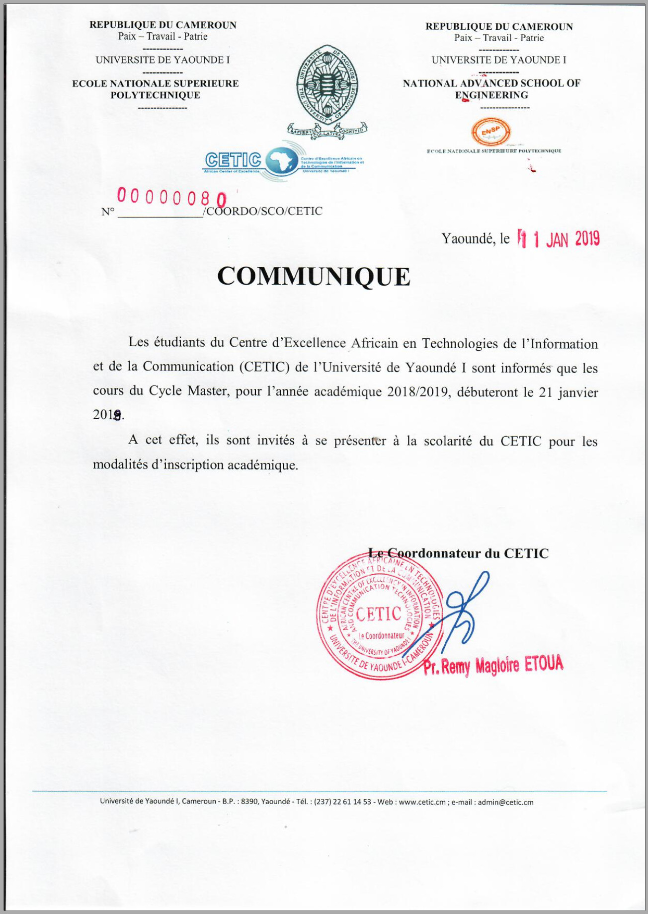 COMMUNIQUE: Note de Démarrage de cours du Cycle Master pour le compte de l’Année Académique 2018/2019