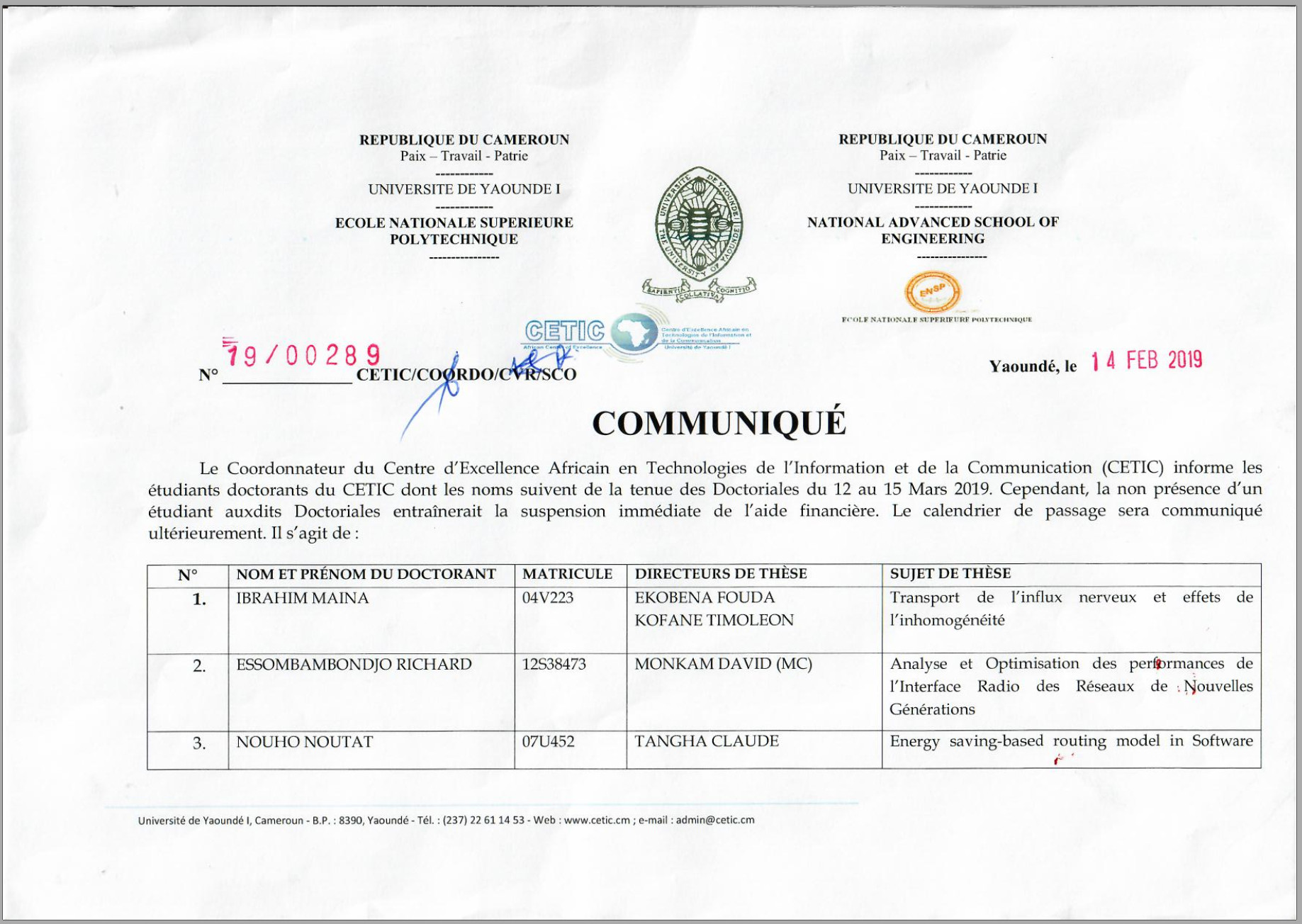 Communiqué N° 19/00289/CETIC/COORDO/CRV/SCO Portant Doctoriales su 12 au 15 Mars 2019